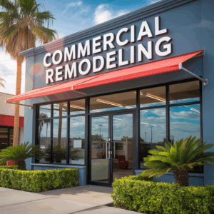 a business with a commercial remodeling sign that is orange and gray