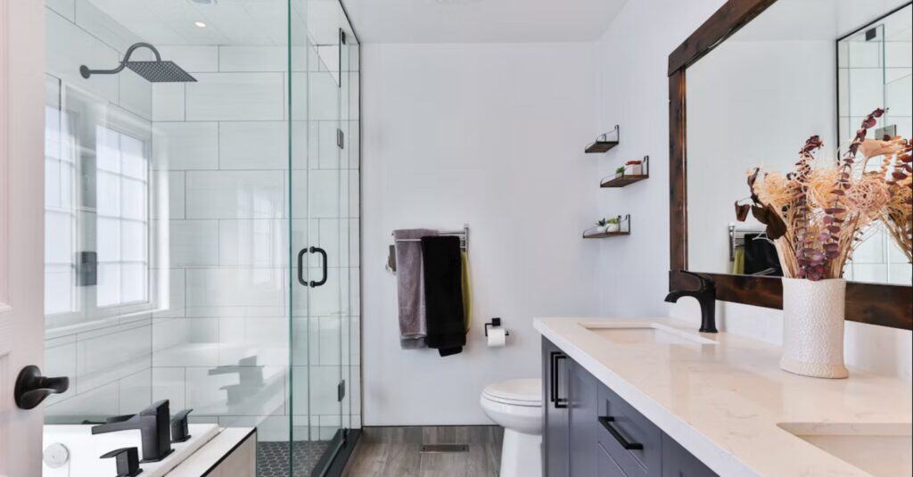 Modern bathroom remodel with walk-in shower and vanity in Ocala, FL