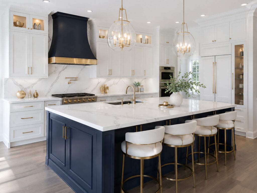 High-end kitchen remodel with navy island, white cabinets, gold fixtures, marble-style countertops, and custom range hood in Ocala, Florida