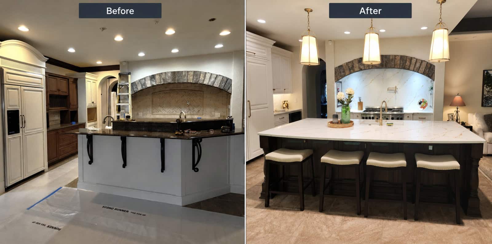 Before and after kitchen remodel in The Villages, FL with an open-concept layout