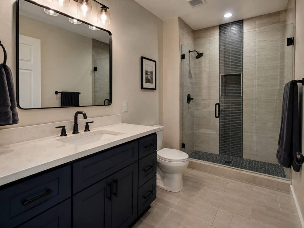 Remodeled bathroom in Ocala, Florida with a navy vanity, quartz countertop, and tiled walk-in shower.
