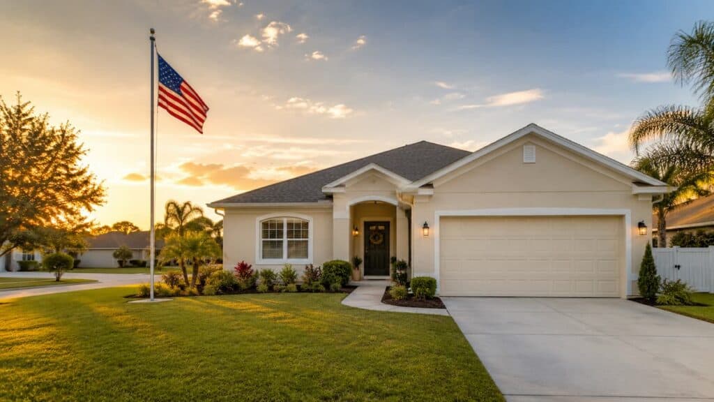 VA-approved builder home in Ocala, Florida with American flag at golden hour.