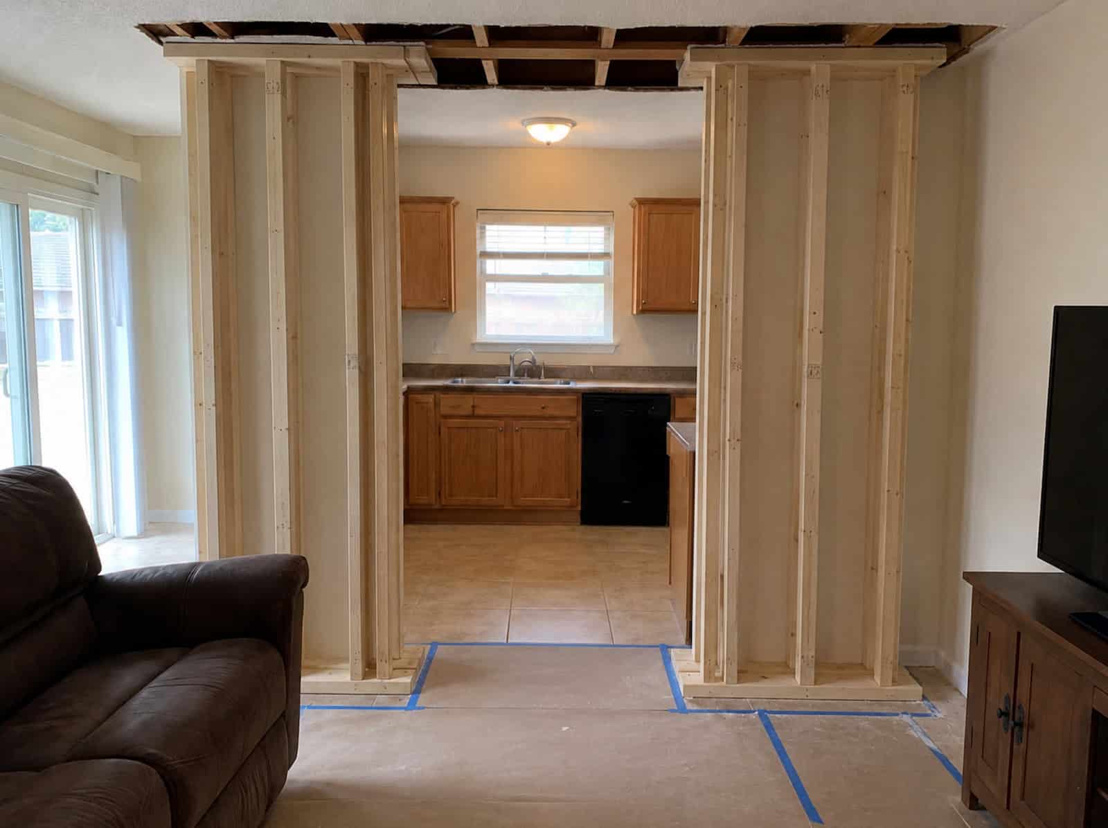 Temporary shoring supporting the roof structure during load-bearing wall removal in Ocala, FL